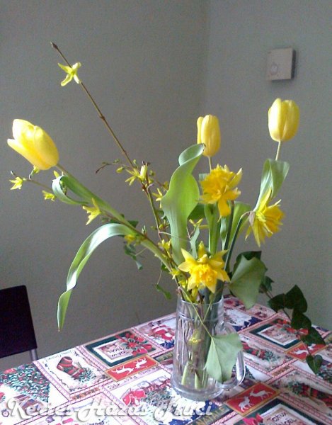 sarga tavaszi viragcsokor tulipan narcisz aranyeso borostyan